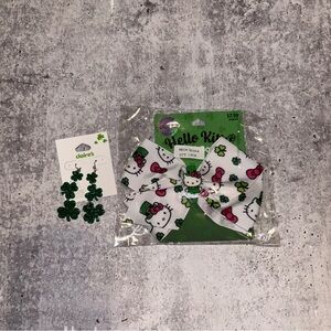St Patrick’s Day Hello Kitty Hair Bow and Dangling Shamrock Earrings NEW